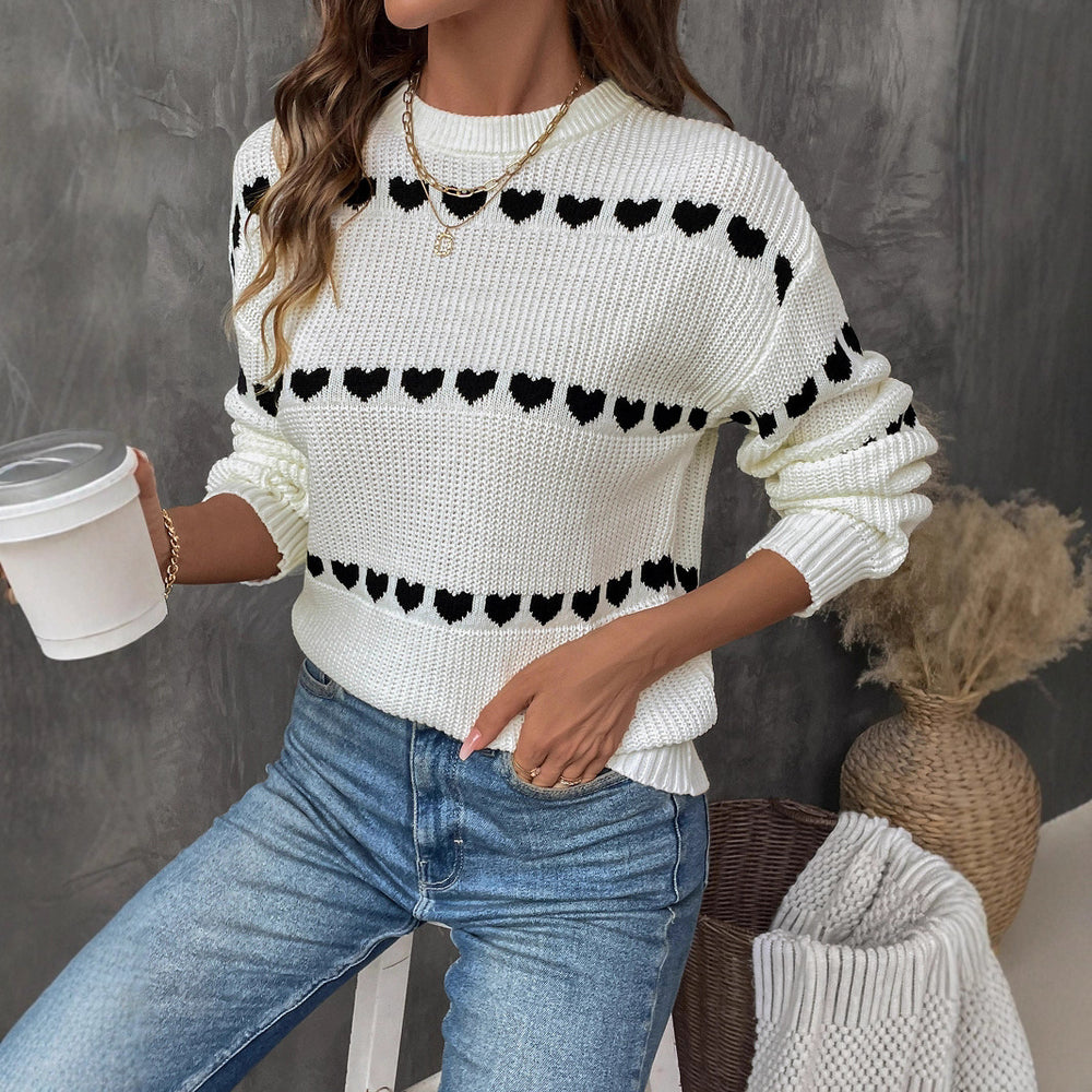 Damen lässiger Strickpullover mit Herzenmuster und lockerem Schnitt R&B