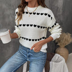 Damen lässiger Strickpullover mit Herzenmuster und lockerem Schnitt