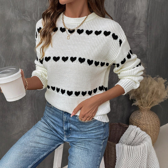 Damen lässiger Strickpullover mit Herzenmuster und lockerem Schnitt R&B