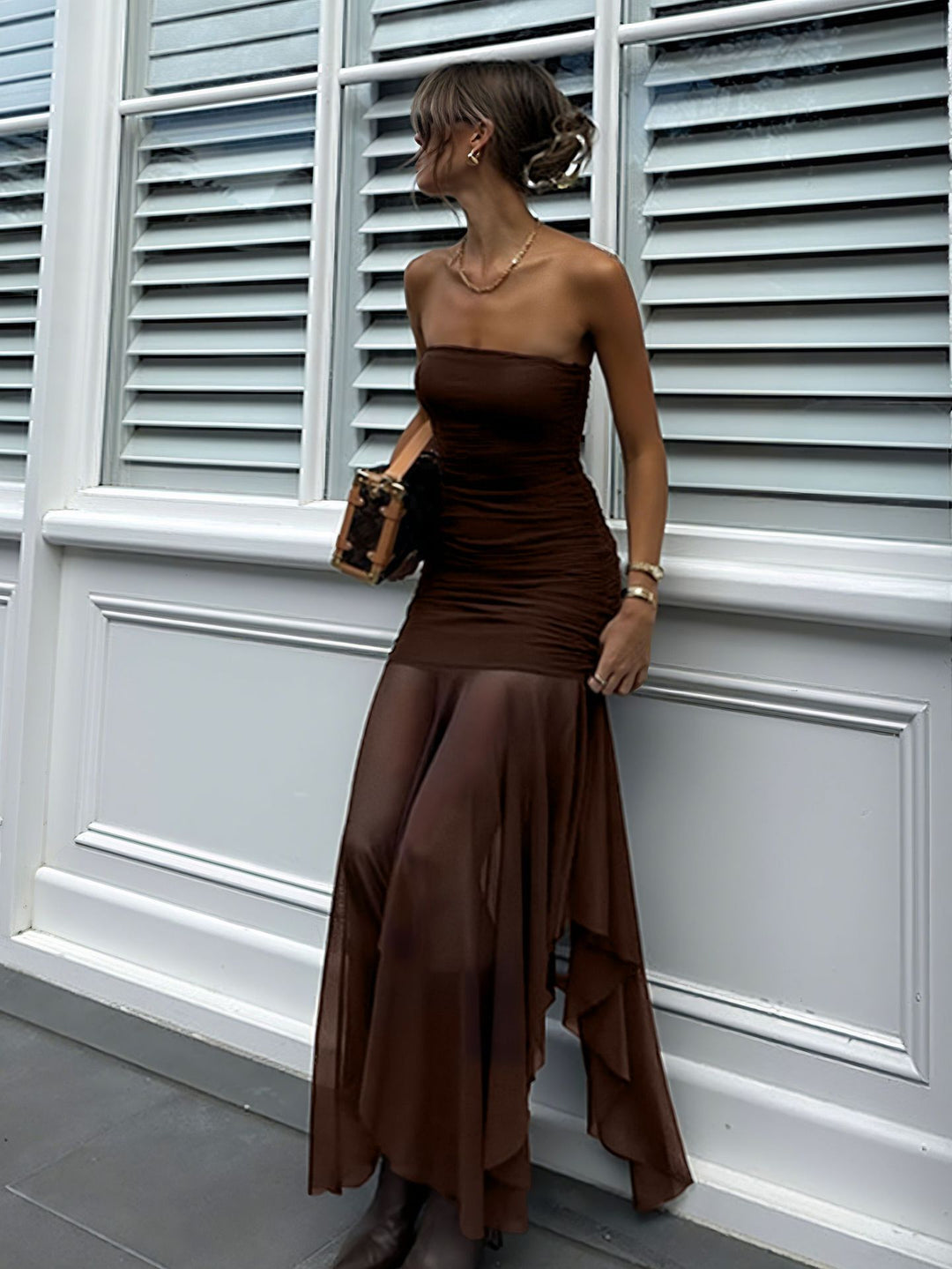 Damen Extravaganter Maxikleid mit Raffungen und asymmetrischem Saum R&B