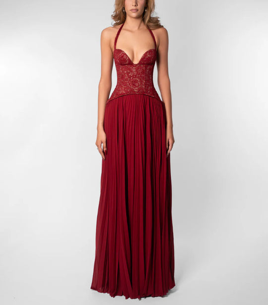 Damen nan Neckholder-Korsettkleid mit Spitzen-Corsage und fließendem Plisseerock R&B