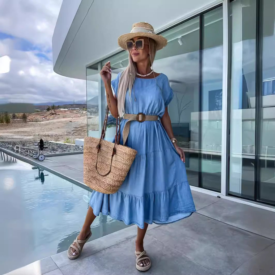 Damen Midi-Kleid mit asymmetrischem Saum und nostalgischem Denim-Stil R&B