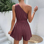 Damen Einseitiger Jumpsuit mit tailliertem Gürtel und fließendem Schnitt R&B