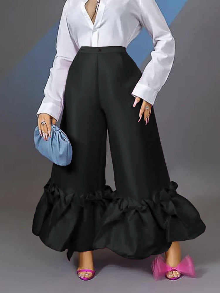 Damen Weite Satinhose mit Rüschenabschluss R&B