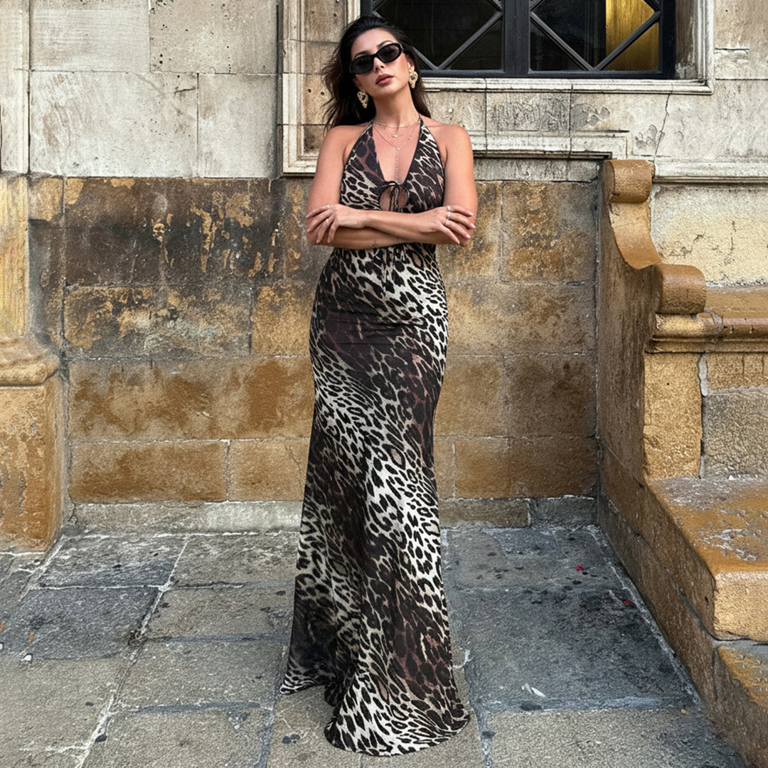 Damen Maxikleid mit tiefem V-Ausschnitt und aufregendem Leopardenmuster R&B