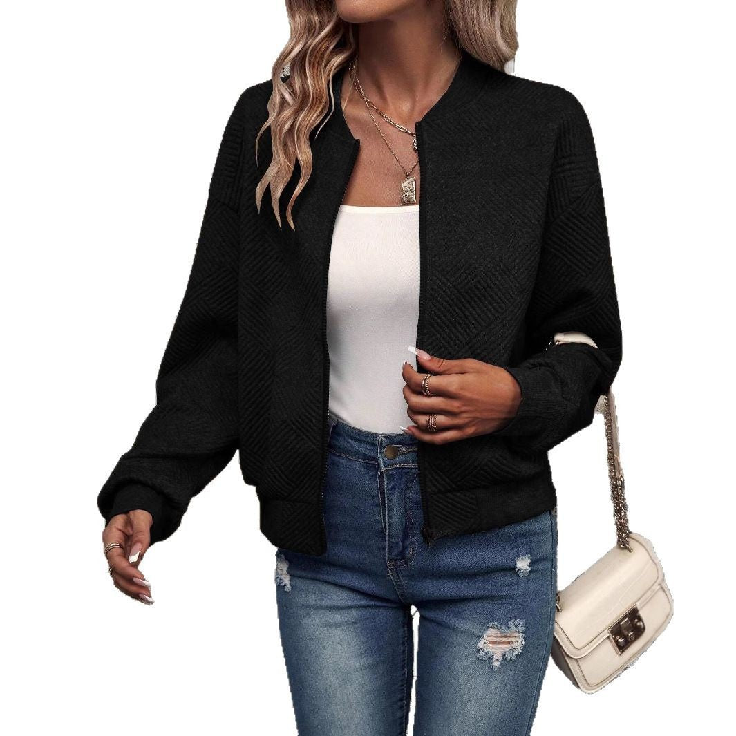 Damen stylische Sweatjacke mit strukturiertem Muster und hohem Kragen R&B