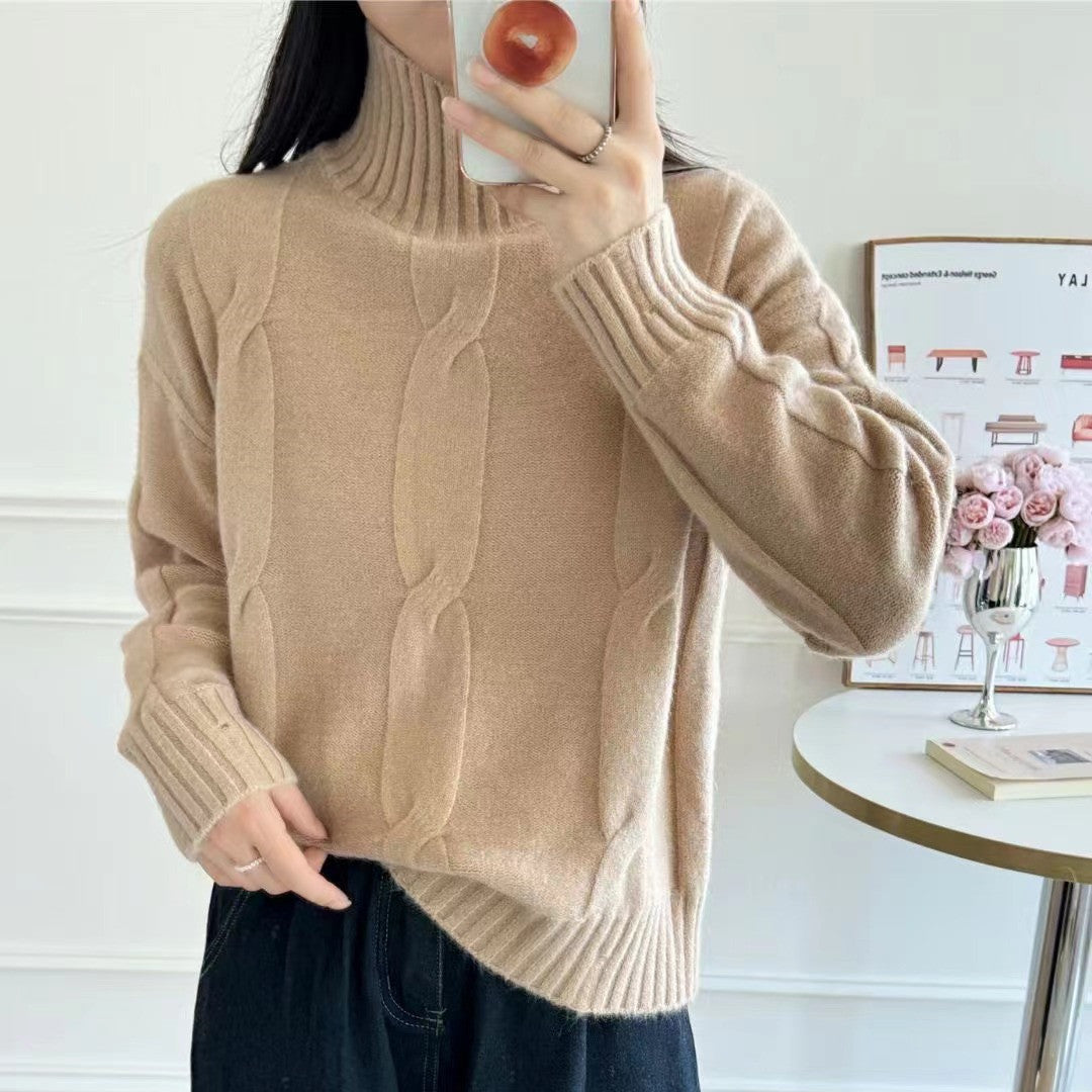 Damen Strickpullover mit hohem Kragen und Zopfmuster R&B