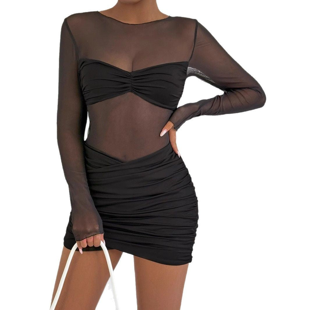 Damen Raffiniertes Minikleid mit transparenten Ärmeln und Rüschendetails R&B