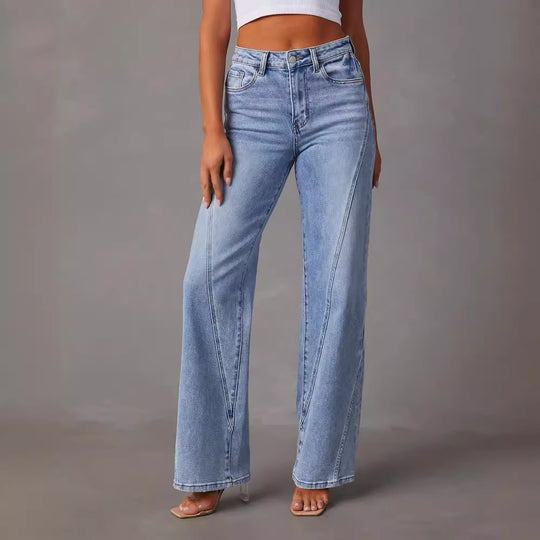 Damen lässige Weitbein-Jeans mit hohem Bund und eleganten Nahtdetails R&B