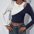 Damen Asymmetrisches Langarm-Crop-Top aus geripptem Material mit einzigartigem Farbdesign
