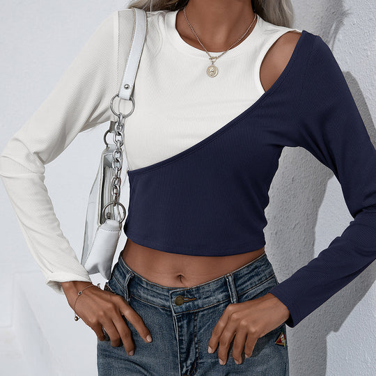 Damen Asymmetrisches Langarm-Crop-Top aus geripptem Material mit einzigartigem Farbdesign R&B