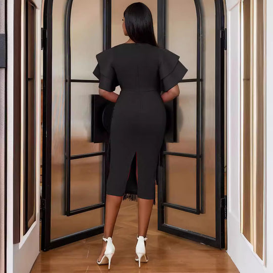 Damen Cocktailkleid mit voluminösen Rüschenärmeln und Fransen-Saum R&B