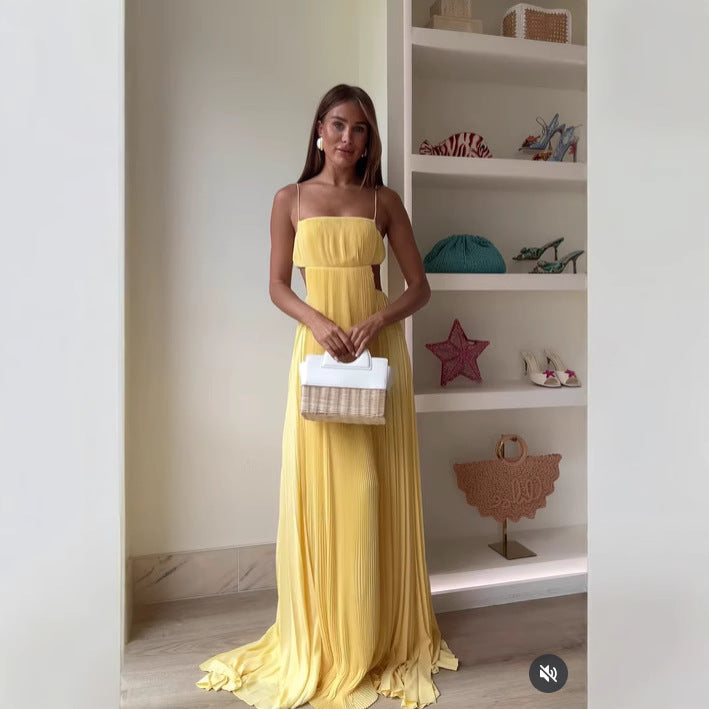 Damen Maxi-Kleid mit eleganter Plisseedetails und schmalen Spaghettiträgern R&B