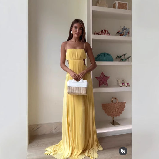 Damen Maxi-Kleid mit eleganter Plisseedetails und schmalen Spaghettiträgern R&B