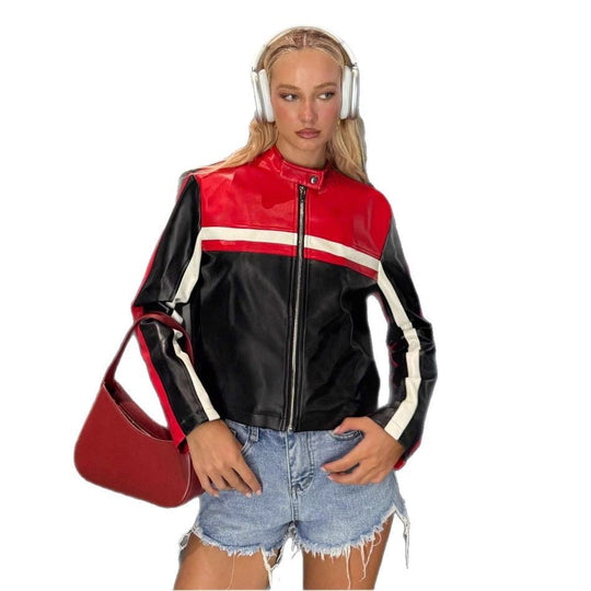 Damen sportliche Kunstlederjacke mit dekorativen Streifen R&B