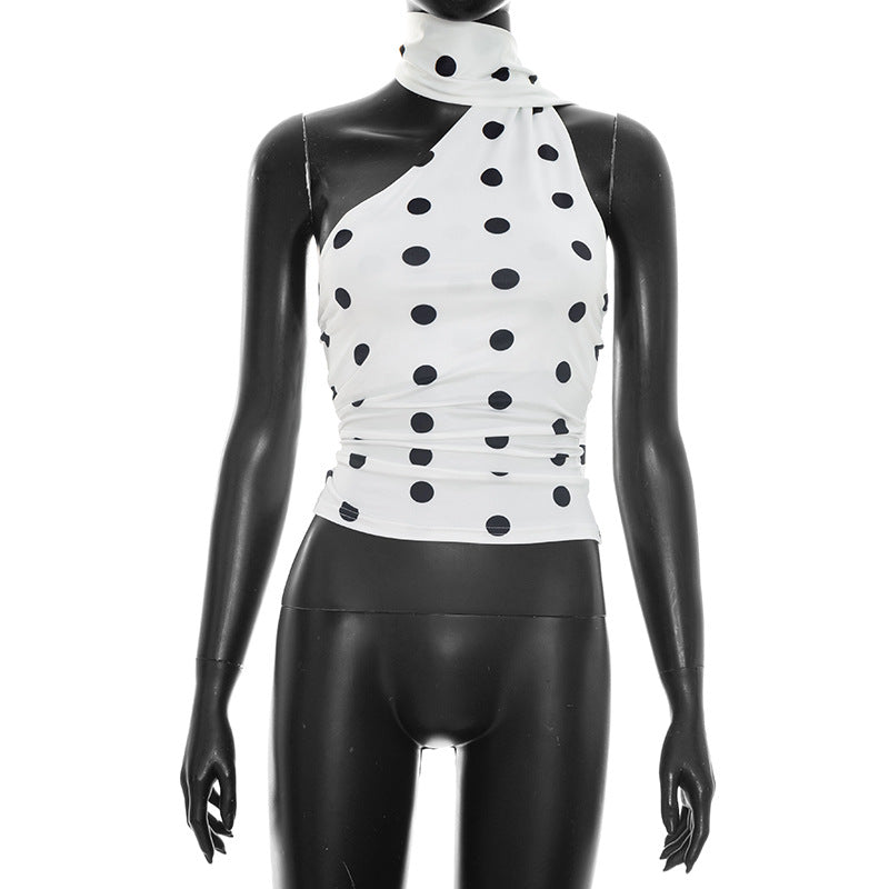 Damen asymmetrisches Oberteil mit verspieltem Punktmuster und elegantem Knoten R&B