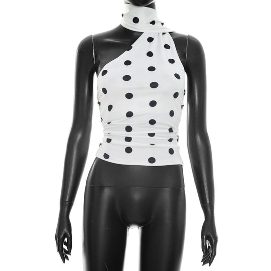 Damen asymmetrisches Oberteil mit verspieltem Punktmuster und elegantem Knoten R&B