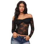 Damen Off-Shoulder Spitzenoberteil mit langen Ärmeln und romantischen Details R&B