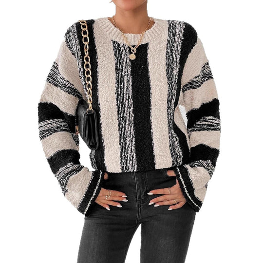 Damen Grober Strickpullover mit auffälligem Streifenmuster und lockerer Passform R&B
