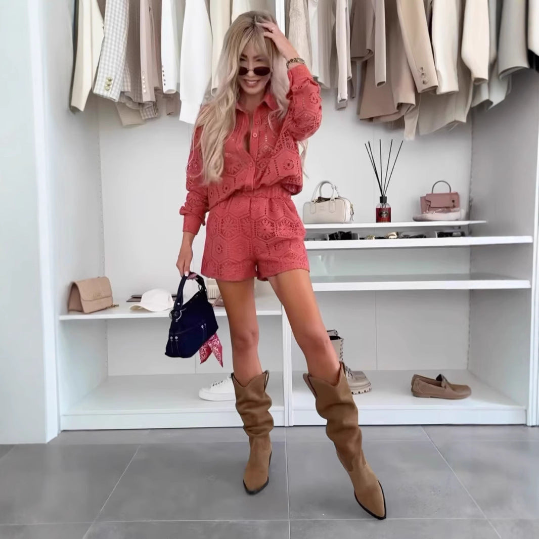 Damen nan gehäkeltes Ajour-Blusen- und Shorts-Set mit Hemdkragen und elastischem Taillenbund R&B