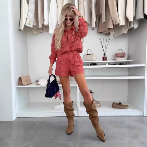 Damen nan gehäkeltes Ajour-Blusen- und Shorts-Set mit Hemdkragen und elastischem Taillenbund R&B