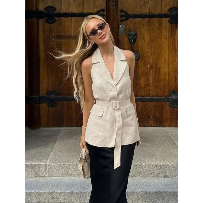Damen ärmellose Blazer mit Bindegürtel und hoher Taillierung R&B