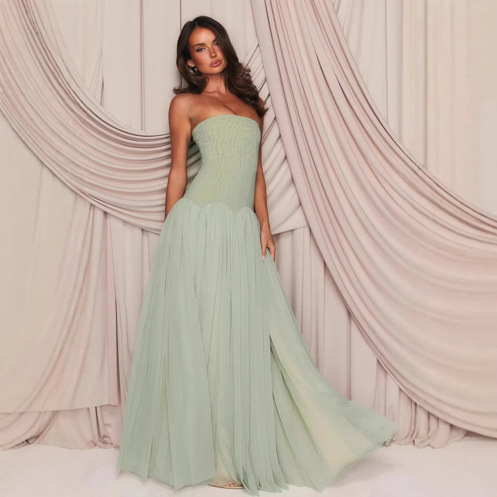 Damen elegantes, trägerloses Maxikleid mit fließendem Tüllrock R&B
