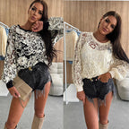 Damen romantisches Strickoberteil mit floralen Akzenten und langen Ärmeln R&B