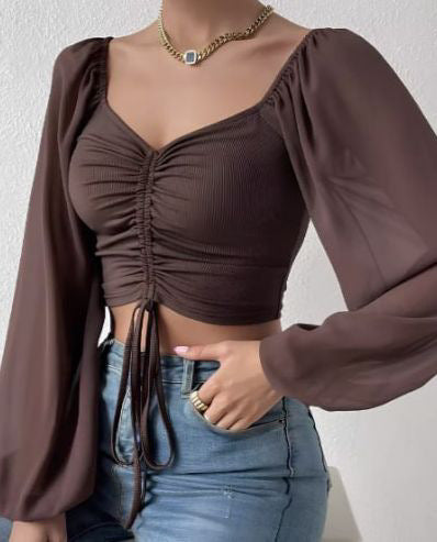 Damen Crop-Top mit strukturiertem Körper und eleganten Puffärmeln R&B