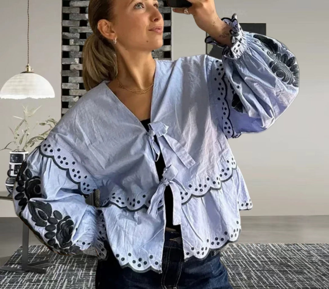 Damen Bluse mit Spitzenaufsatz und lässigem Schnitt R&B