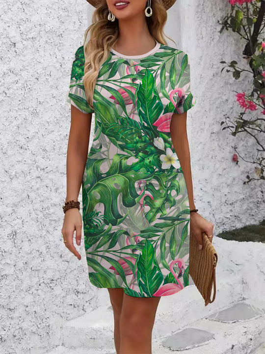 Damen Kurzarm Kleid mit floralem Linienmuster R&B