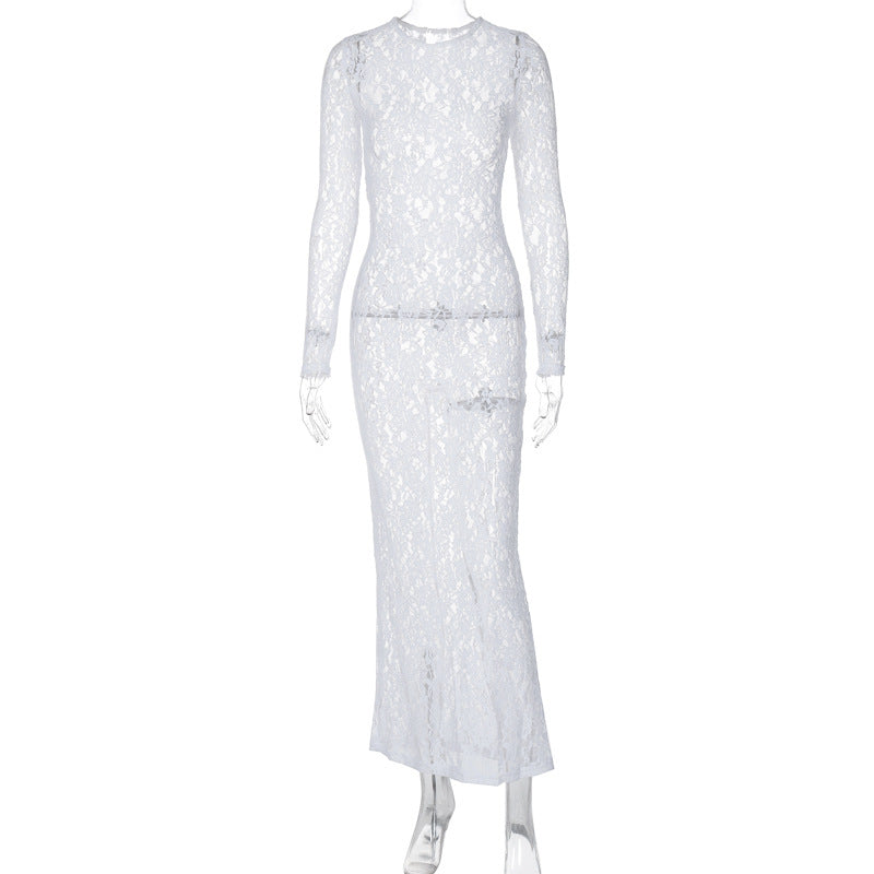 Damen Spitzenabendkleid mit elegantem Rückenausschnitt und langem Arm R&B