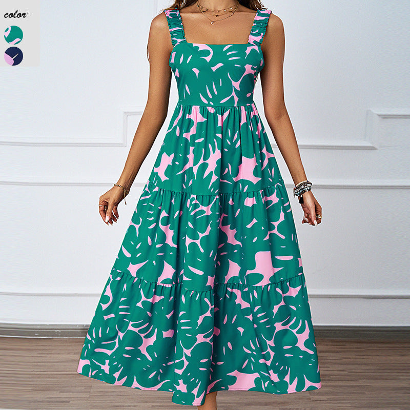 Damen Maxikleid mit verspieltem Rüschendesign und gemustertem Oberteil R&B