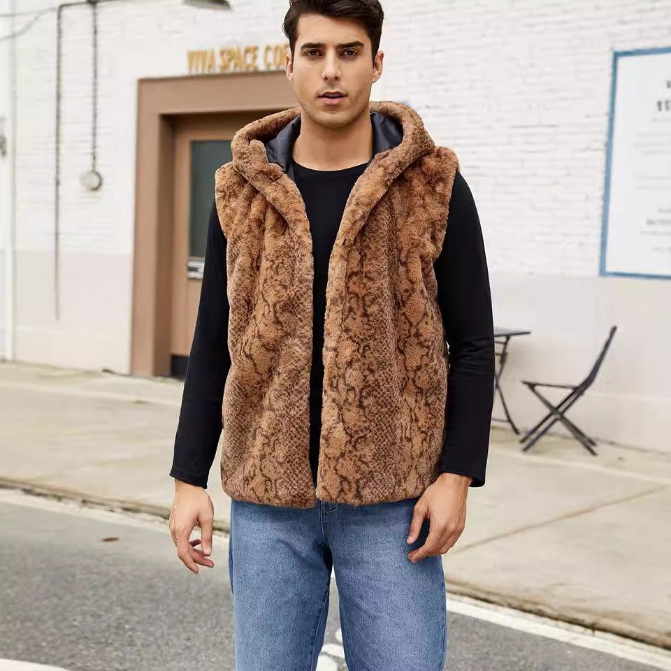 Herren Elegante Fleece-Weste mit Kapuze und Schlangenmotiv R&B
