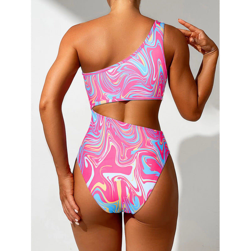 Damen One-Shoulder Bikini-Set mit buntem Muster und hohem Beinausschnitt R&B