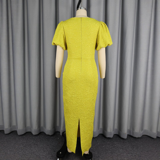 Damen elegantes Maxikleid mit voluminösen Puffärmeln und raffiniertem Schleifendetail R&B