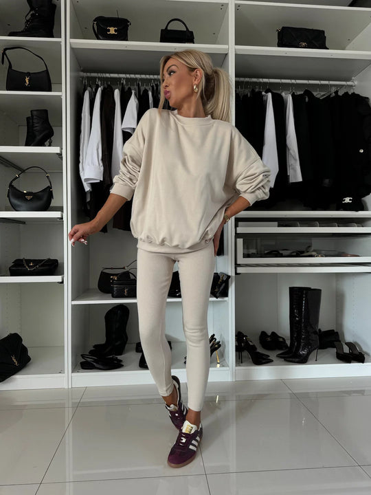 Damen lässiges Baumwoll-Lounge-Set mit Rundhalsausschnitt und engen Leggings R&B