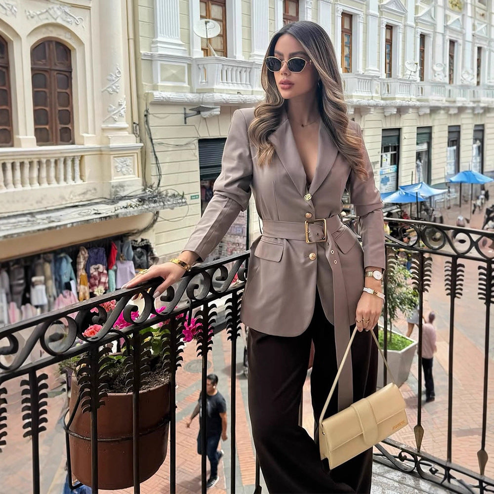 Damen eleganter taillierter Blazer mit Gürtel R&B