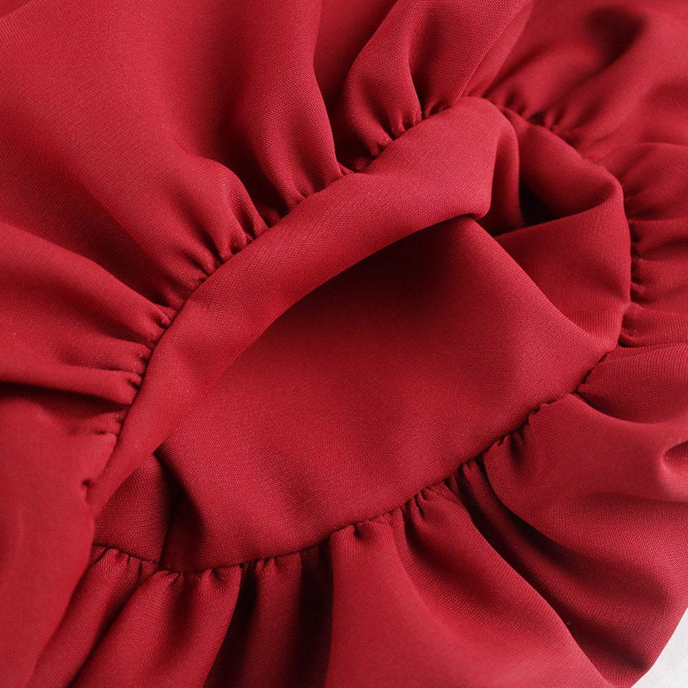 Damen elegantes Faltenkleid mit V-Ausschnitt und voluminösen Ärmeln R&B