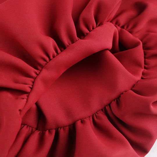 Damen elegantes Faltenkleid mit V-Ausschnitt und voluminösen Ärmeln R&B