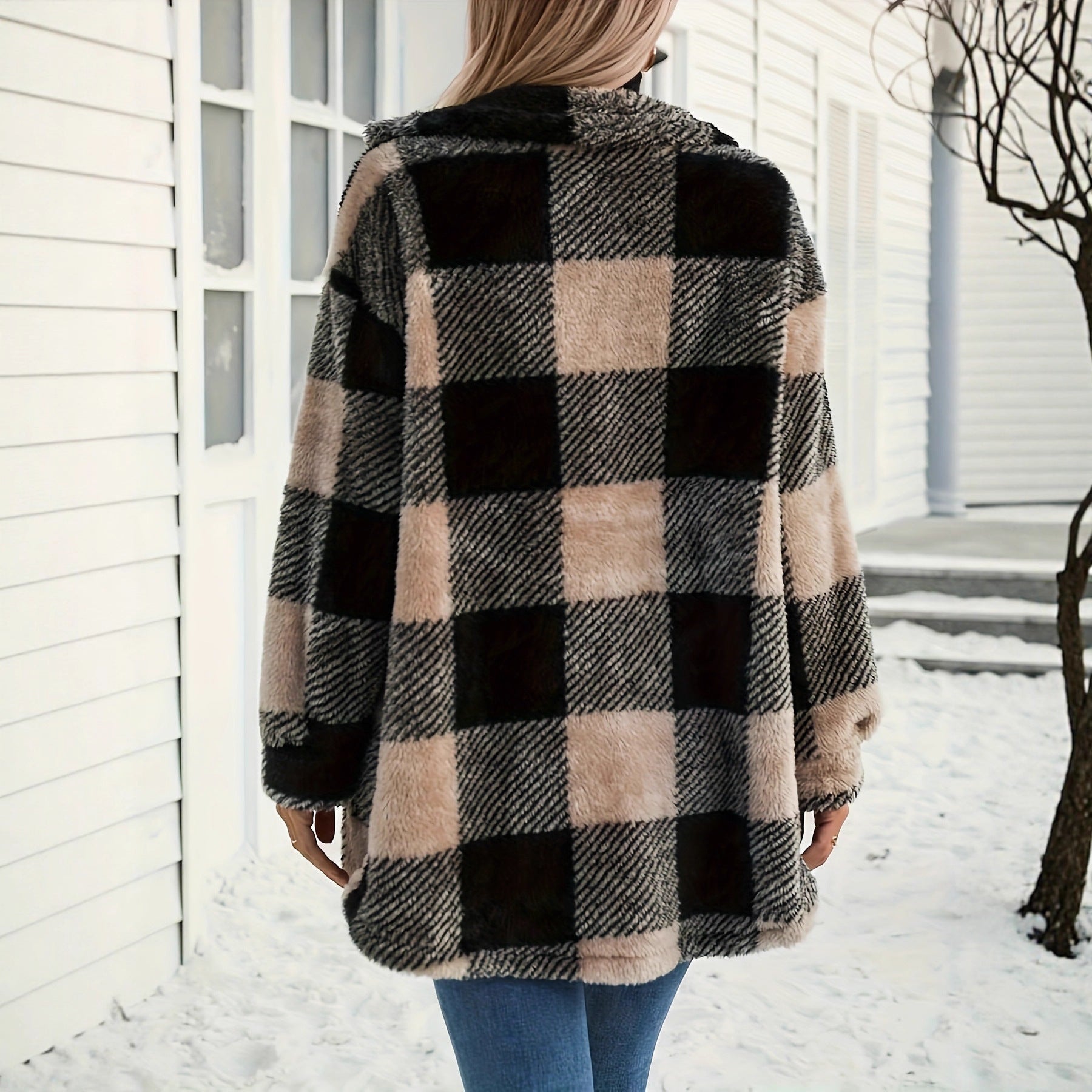 Damen Teddyjacke mit kariertem Muster und weichem Fell