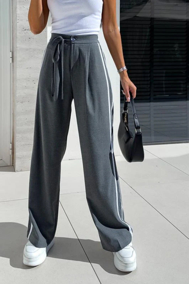 Damen nan hochgeschnittene weite Freizeithose mit sportlichem Seitenstreifen und Bindegürtel R&B