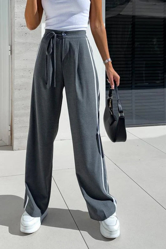 Damen nan hochgeschnittene weite Freizeithose mit sportlichem Seitenstreifen und Bindegürtel R&B