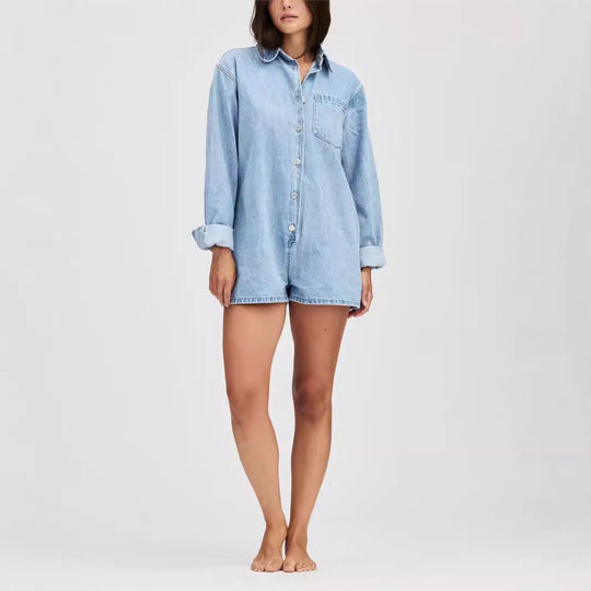 Damen Denim-Overall mit langen Ärmeln und klassischem Button-Up-Verschluss R&B
