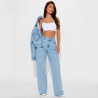 Damen Weit geschnittene Jeanshose mit fransigem Saum und hohem Bund R&B