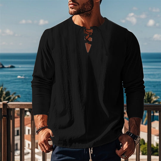 Herren modisches Langarmshirt mit Schnürung und V-Ausschnitt R&B