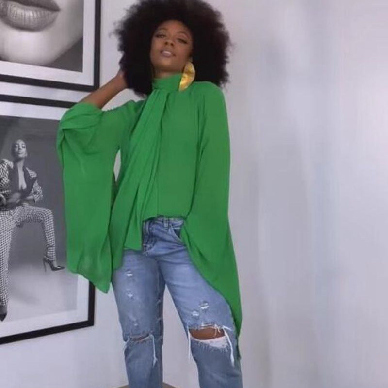 Damen Elegante Bluse mit weiten Ärmeln und Bindeverschluss Heidi-Mode