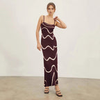 Damen Maxikleid mit modernem Wellenmuster und feinen Spaghettiträgern R&B