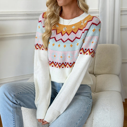 Damen Strickpullover mit traditionellem Muster und überschnittenen Schultern R&B