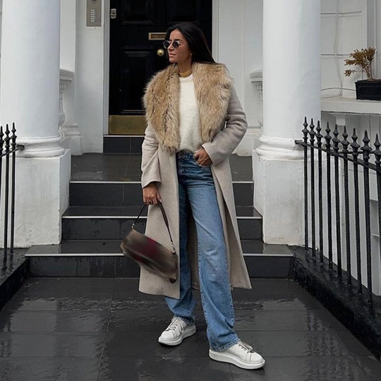 Damen Eleganter Trenchcoat mit gemütlichem Faux-Fur-Kragen und taillierbarem Gürtel R&B